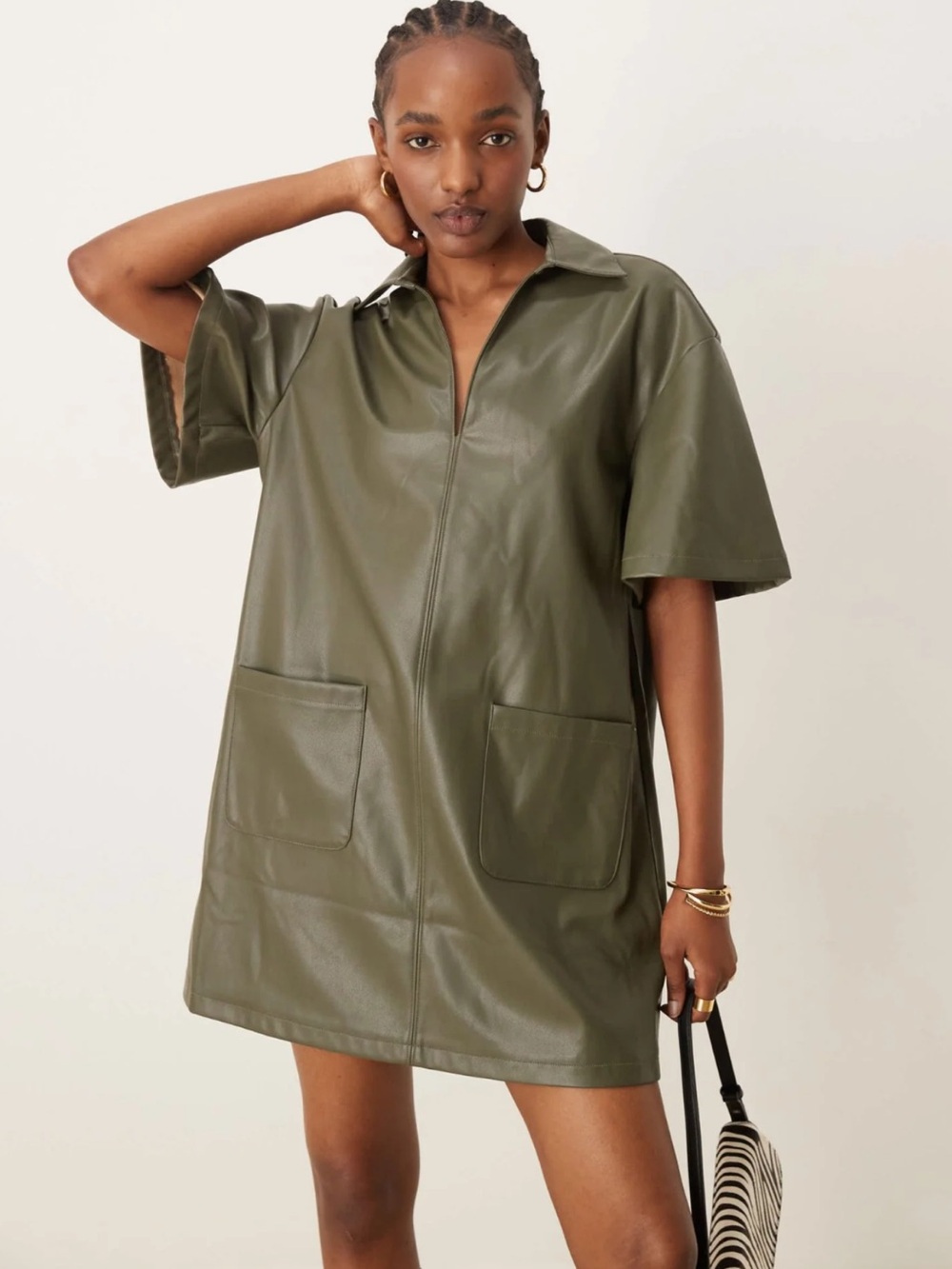 ASOS Design revere collar PU leather look mini shirt dress with contrast XS